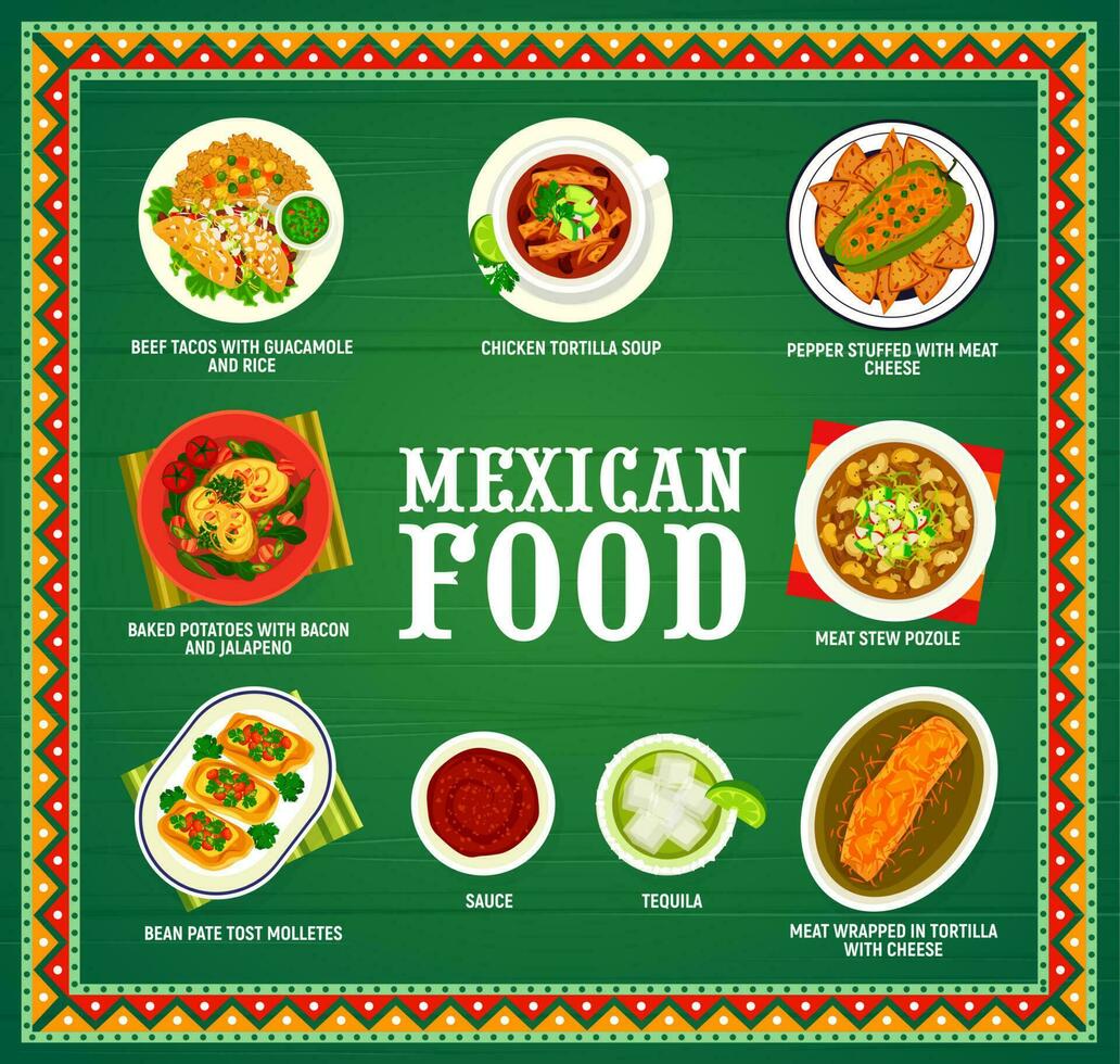 Mexican cuisine dishes, food menu tacos and meat vector