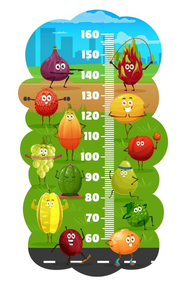 niños altura gráfico con gracioso frutas haciendo ejercicio vector