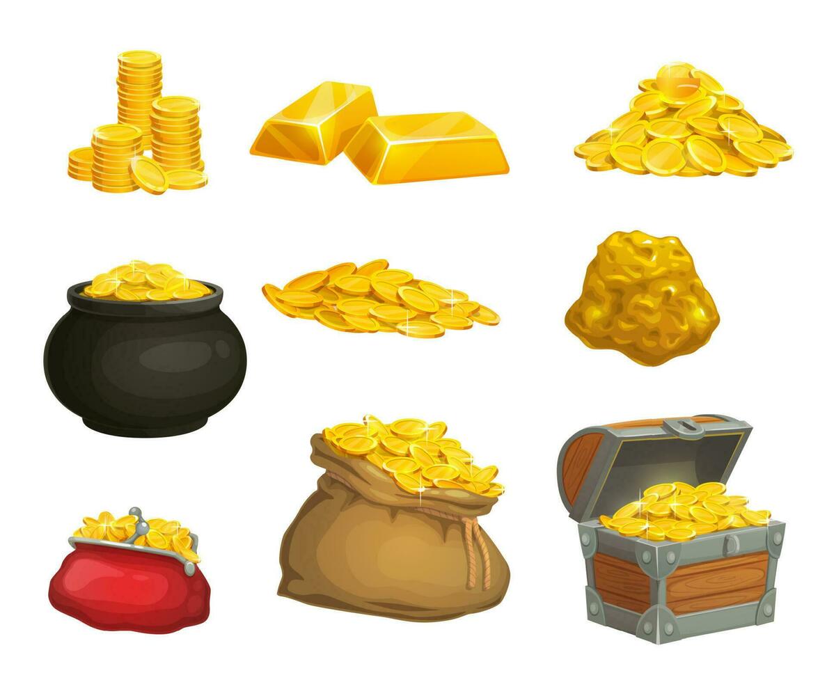 Cartoon golden coins, nuggets, chest and wallet vector