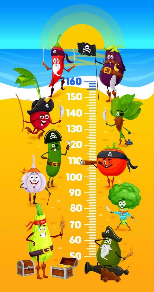 Kids height chart, pirate and corsair vegetables vector