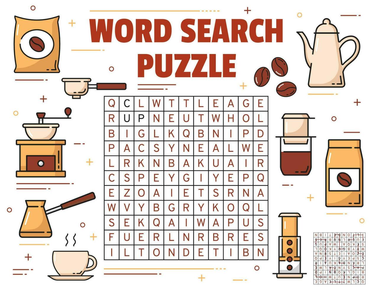 Coffee brewing, cup and beans word search puzzle vector