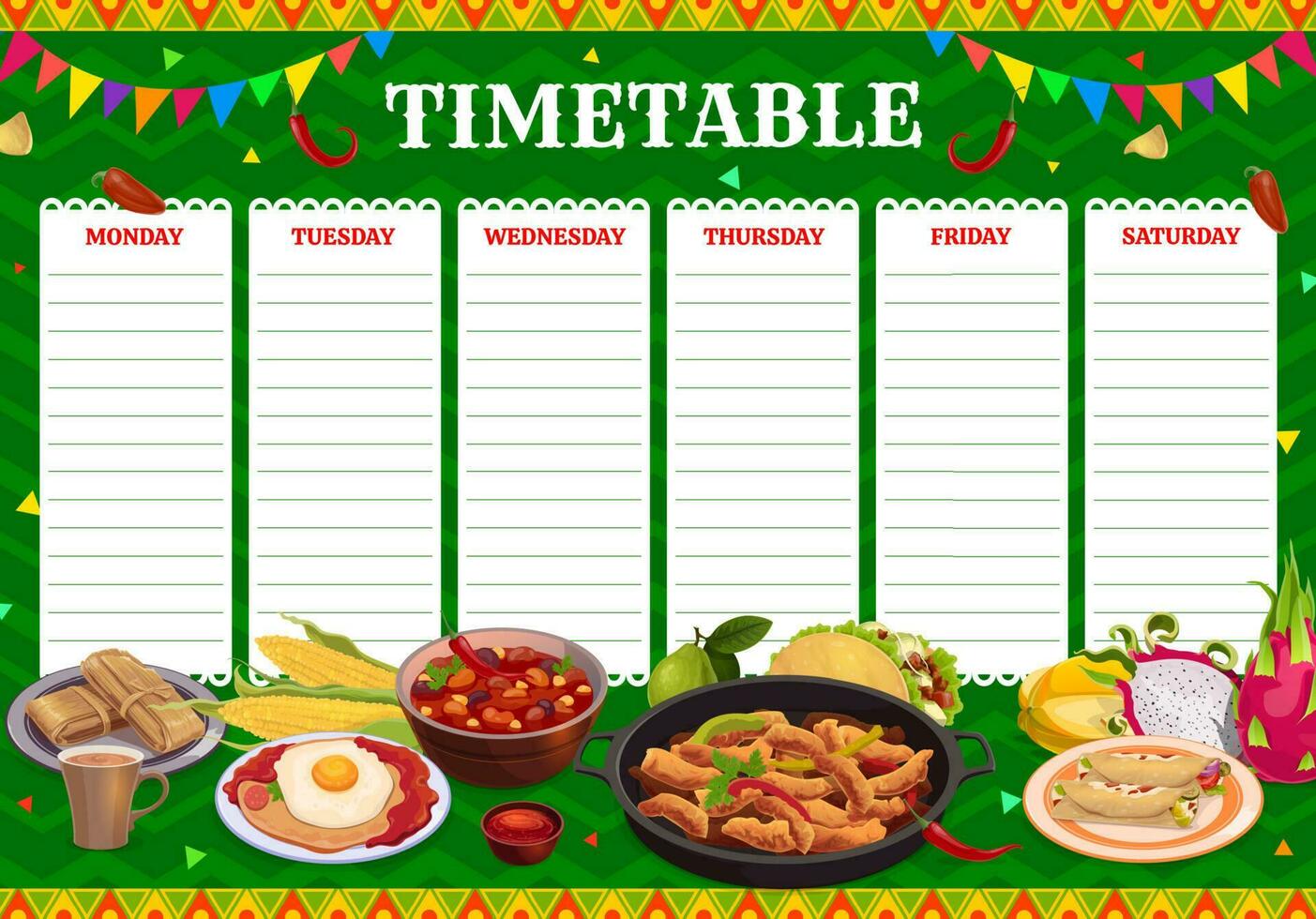 Timetable schedule mexican food, lessons planner vector