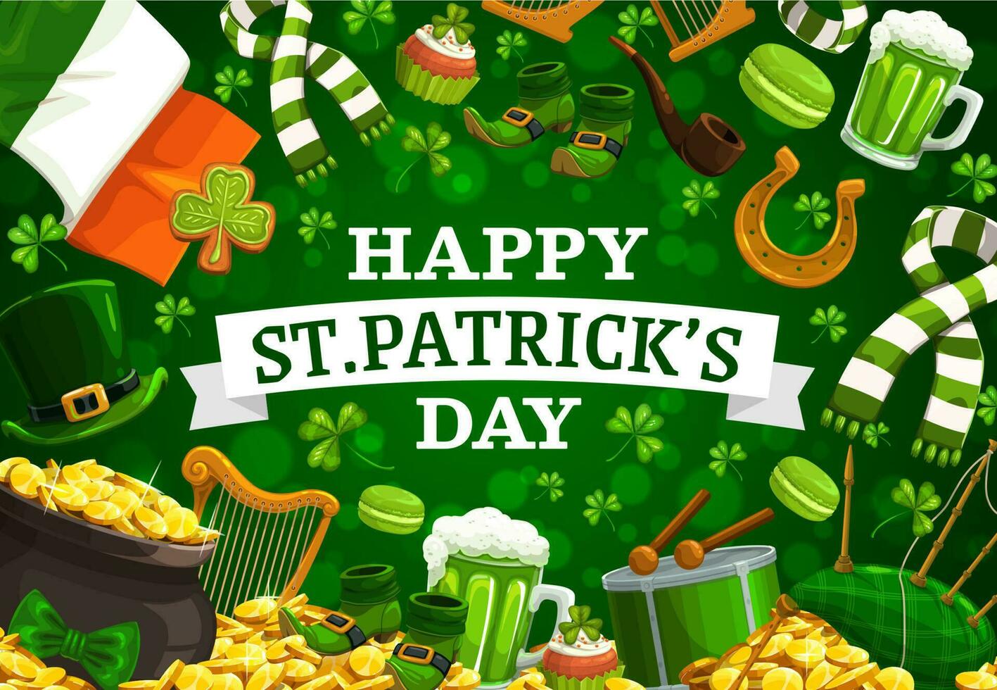 Patrick Day green shamrock leaves, leprechaun gold vector