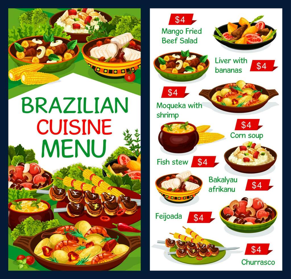 brasileño cocina alimento, restaurante menú platos vector