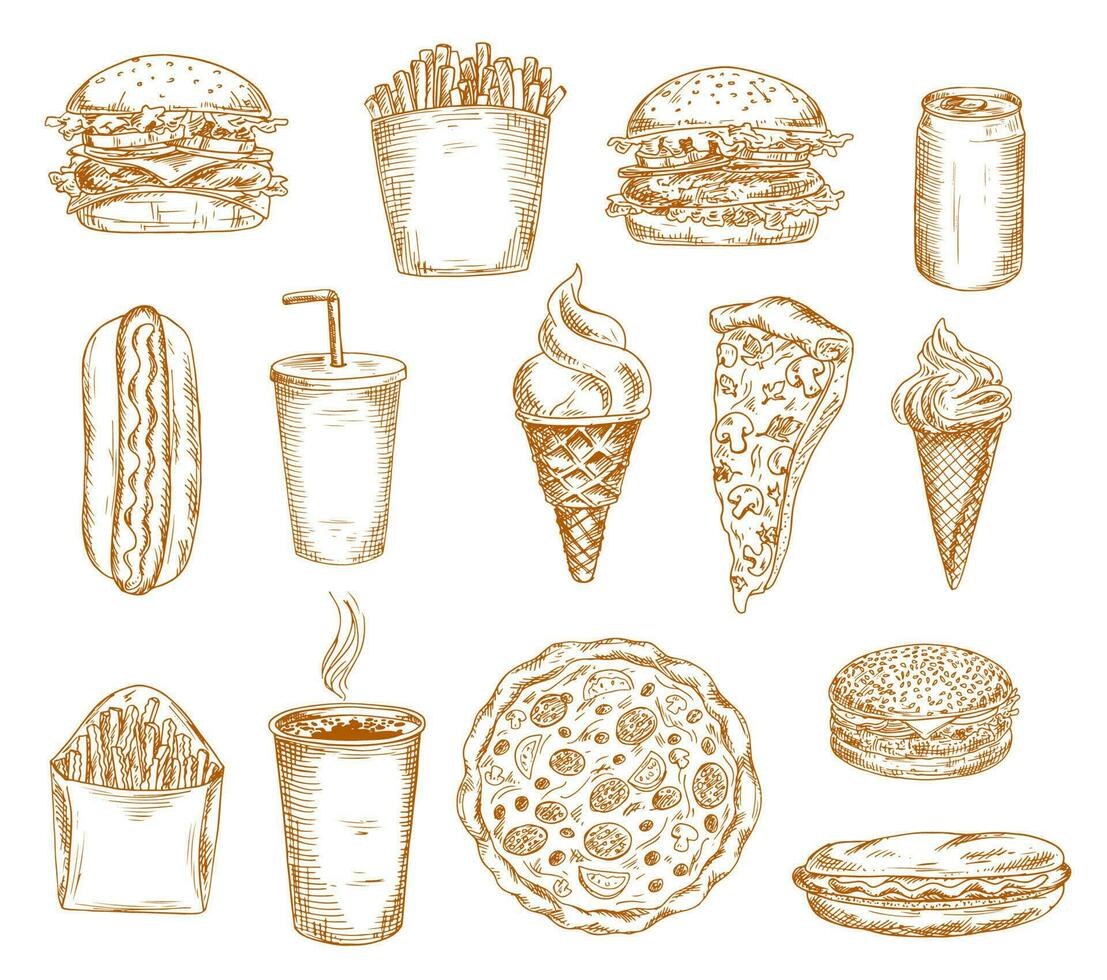 Fast food sketch icons, burger, hamburger sandwich vector