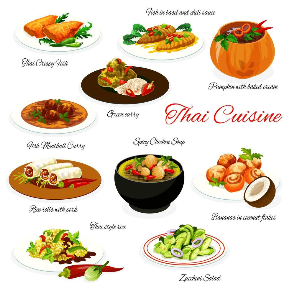 Thai cuisine menu, Thailand Asian food dish plates vector