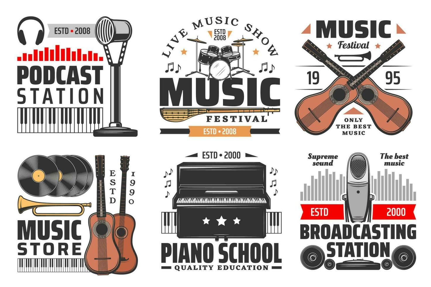 Music icons, musical instruments and microphones vector
