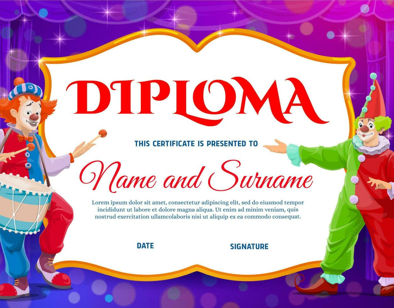 Kids education diploma certificate with clowns vector