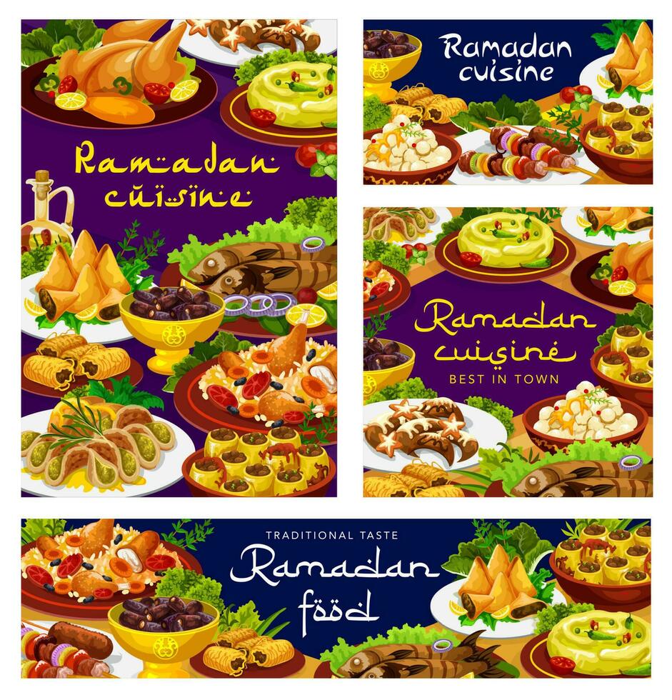 Ramadan food, iftar cuisine dishes, Islam biryani vector