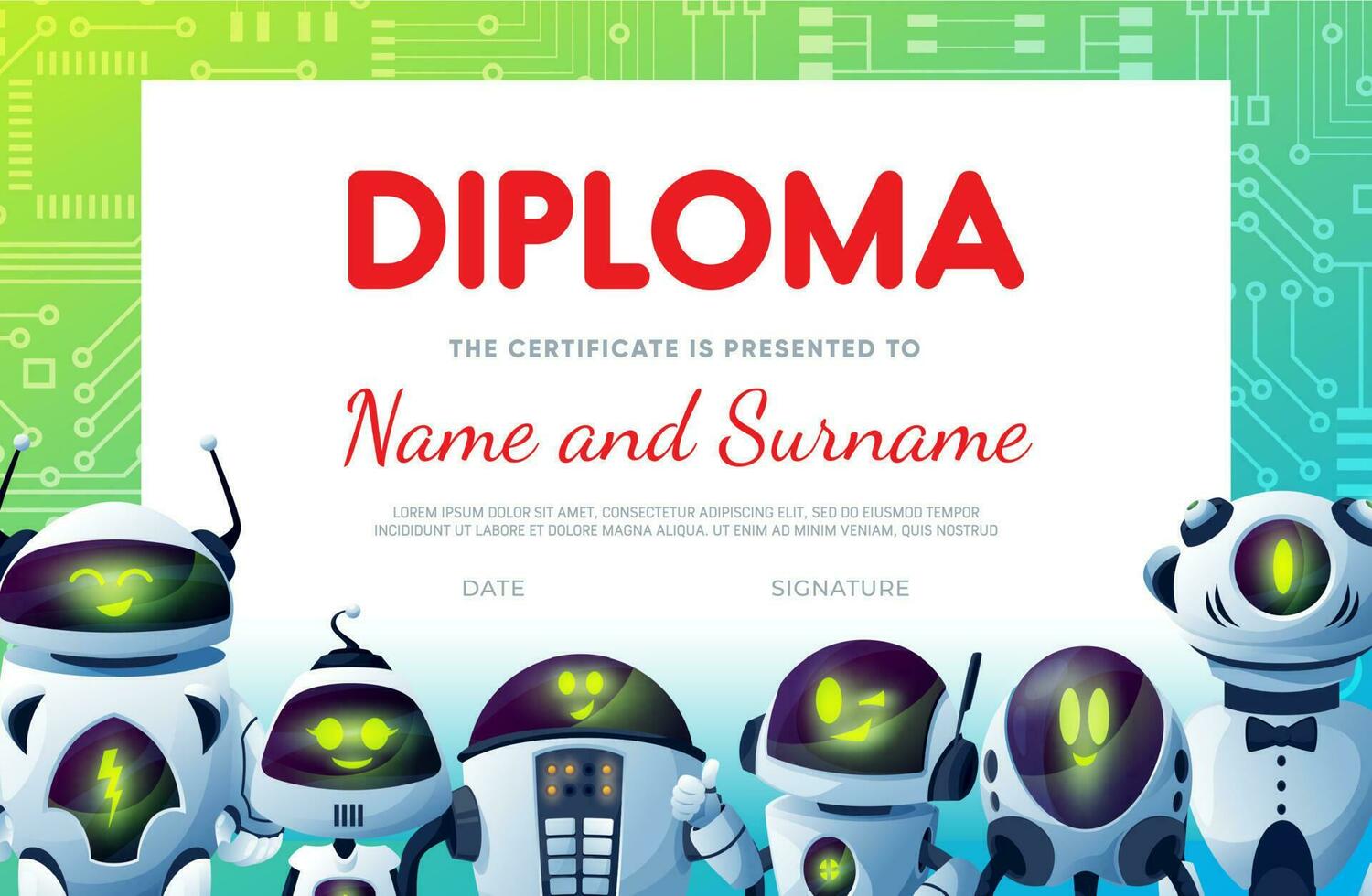 Kids diploma certificate, cartoon robots or droids vector