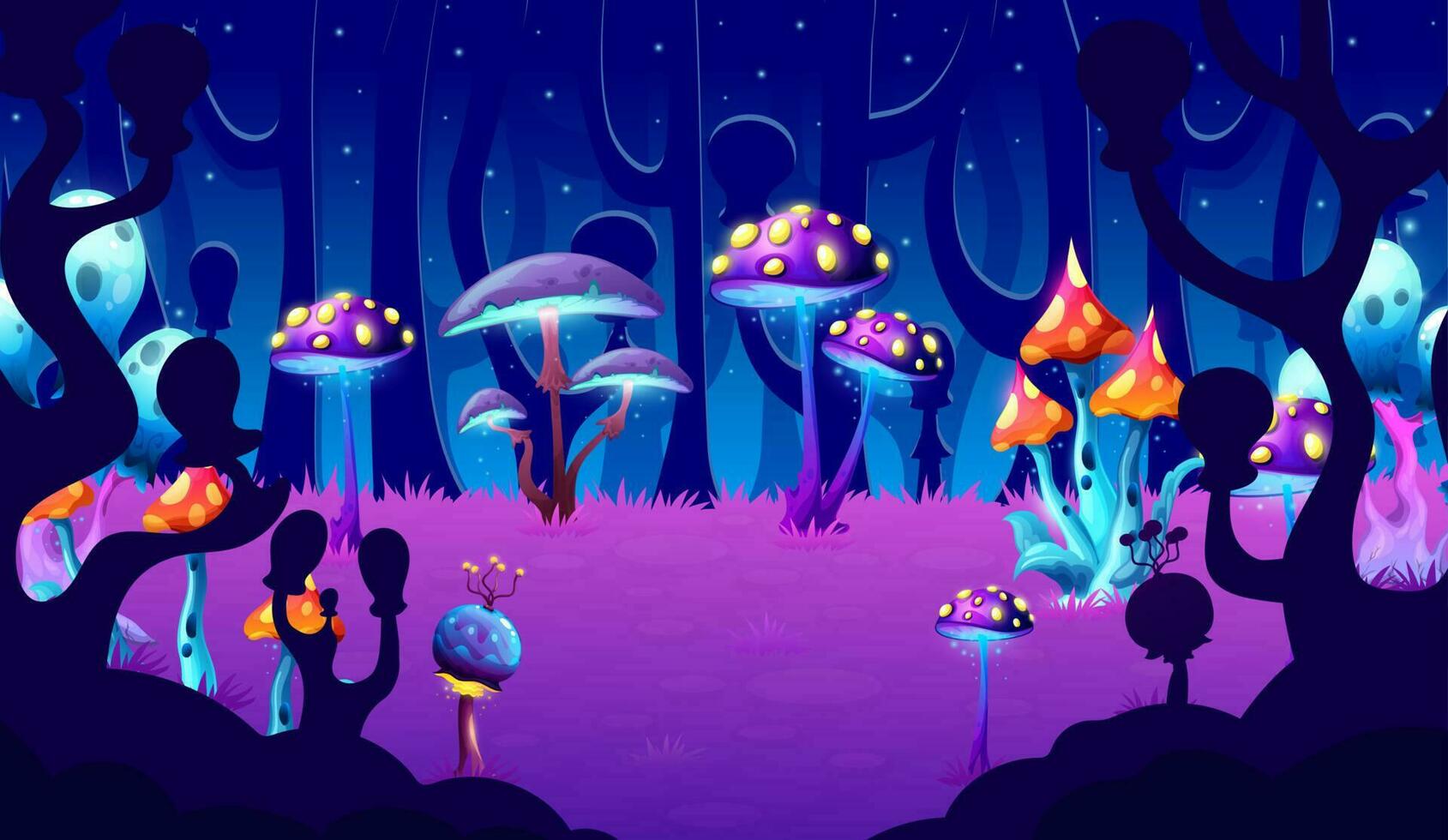 Fantasy mushrooms forest, game level landscape vector