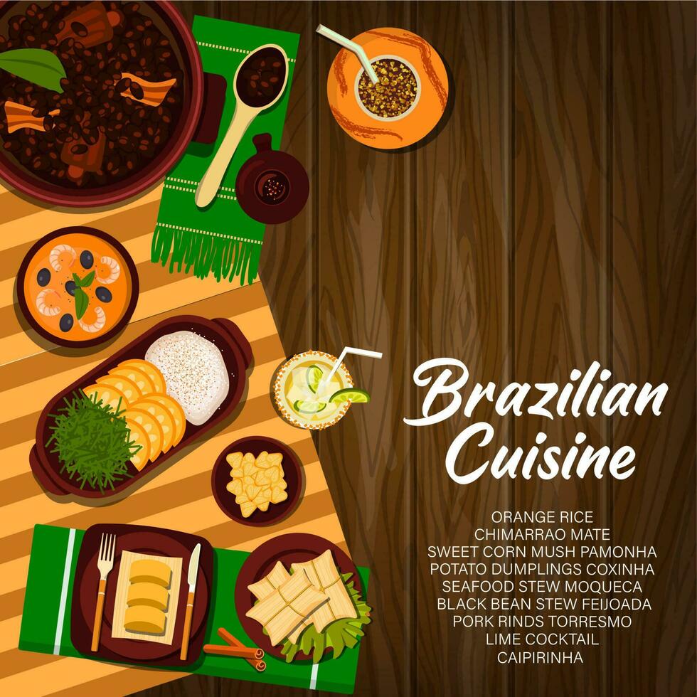 Brazilian cuisine, food of Brazil vector poster