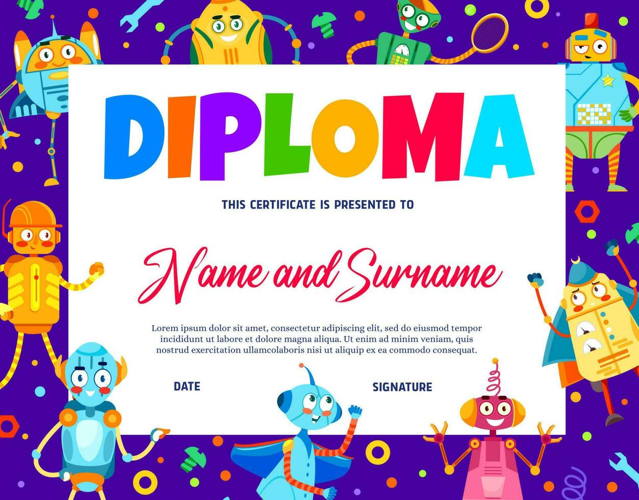 Kids diploma, cartoon mechanic robots and droids vector