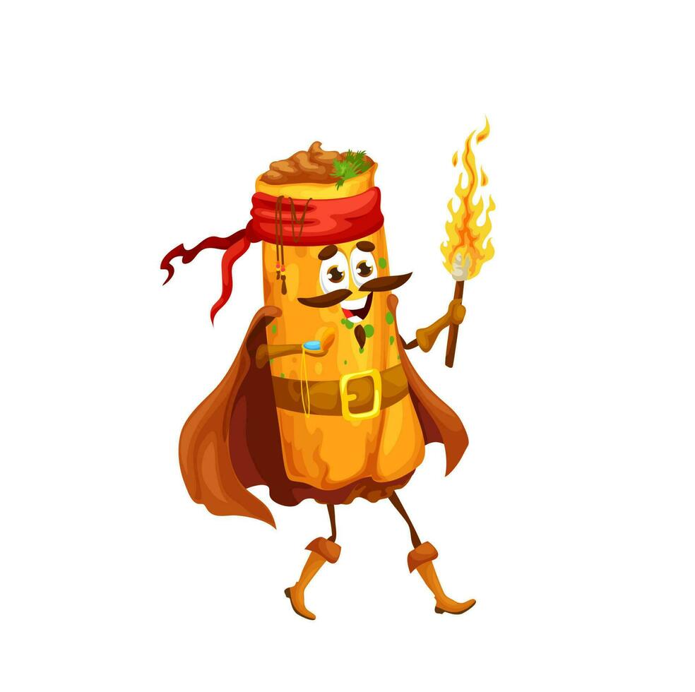 Cartoon mexican enchilada pirate character, torch vector