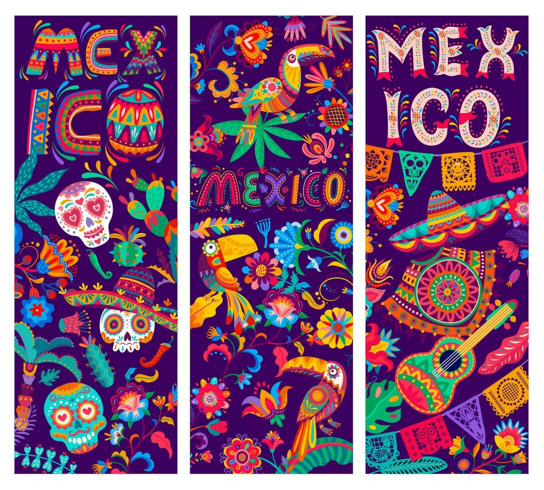 Mexican banners, calavera skulls, toucans, flowers vector