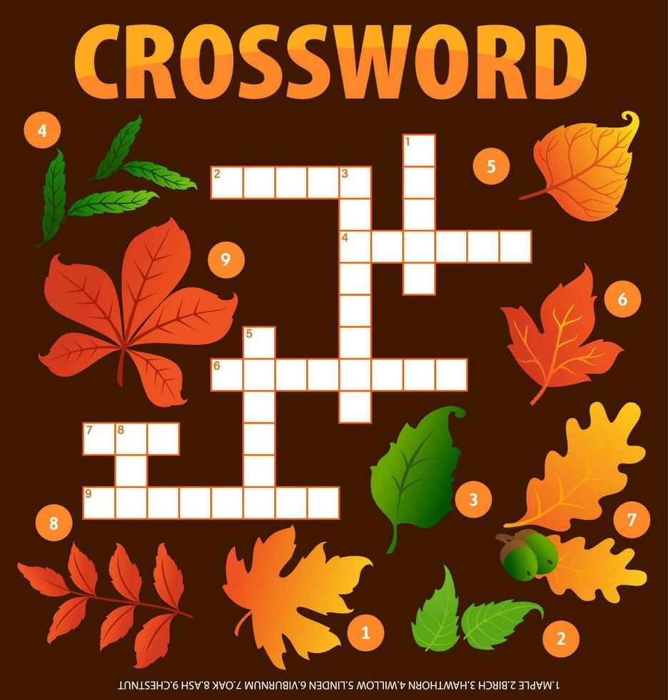 Autumn leaves and acorns crossword puzzle sheet vector