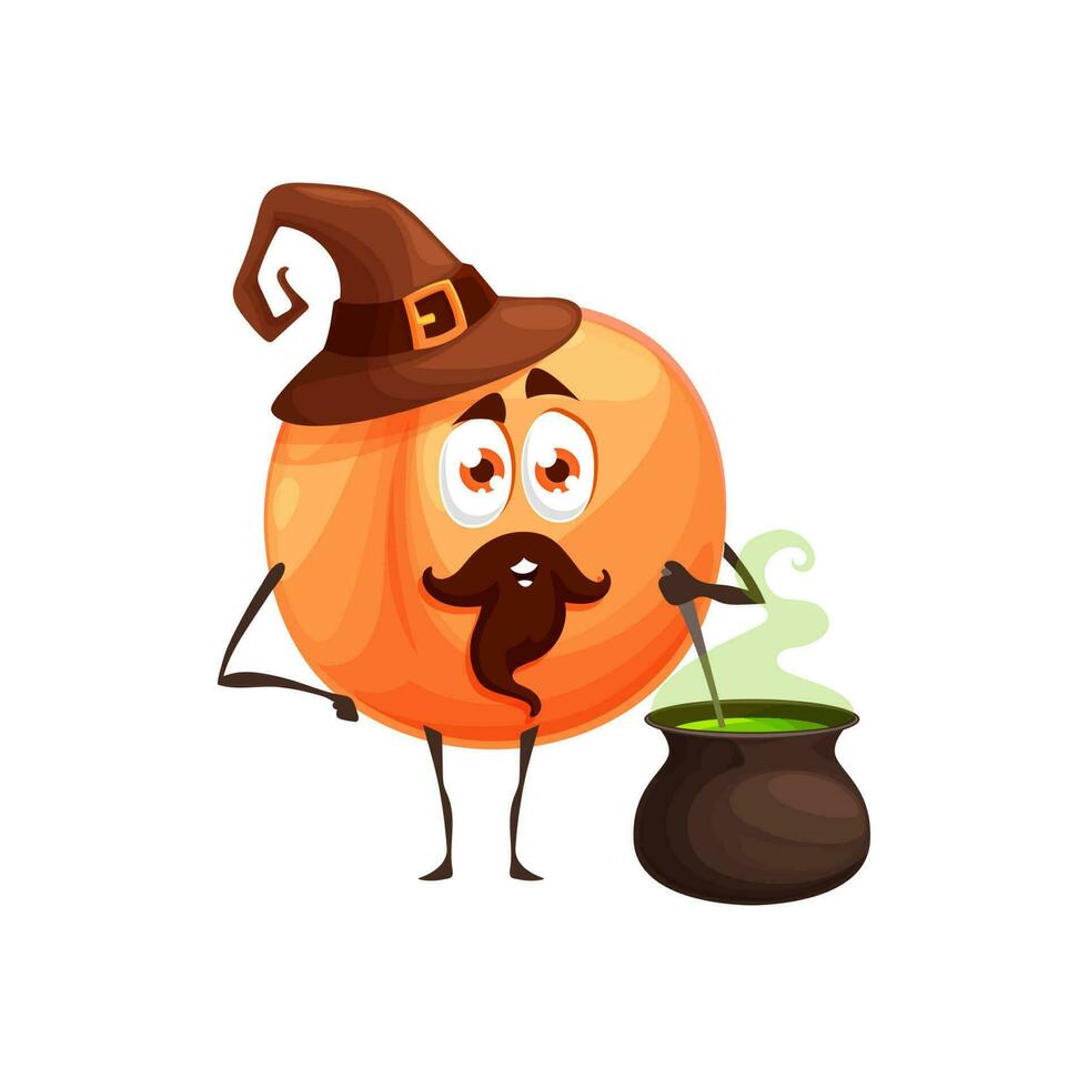 Cartoon peach fruit wizard or magician character vector
