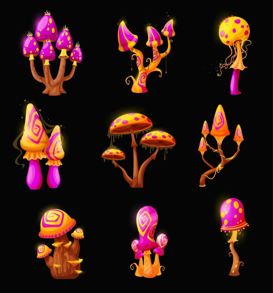 Fantasy fairy magic mushrooms, luminous toadstools vector