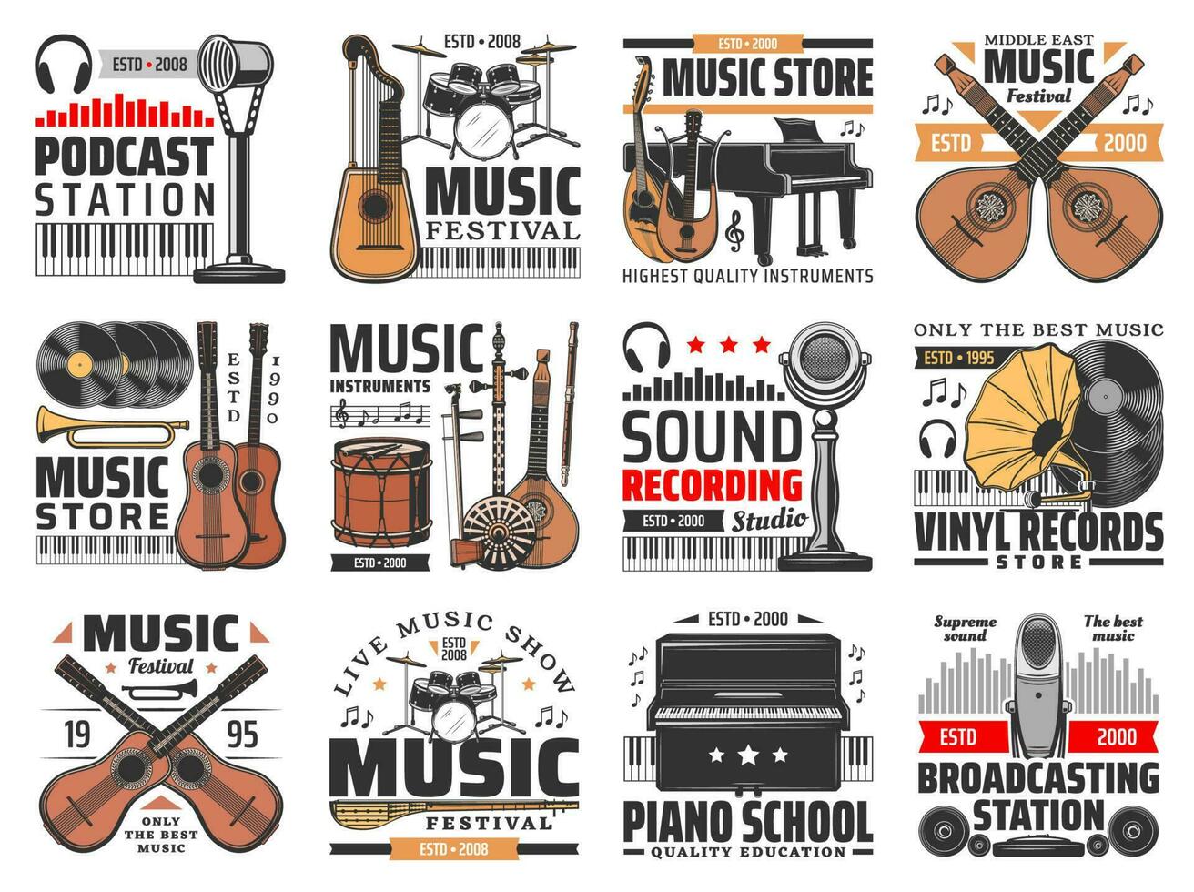 Music and sound recording retro vector icons set