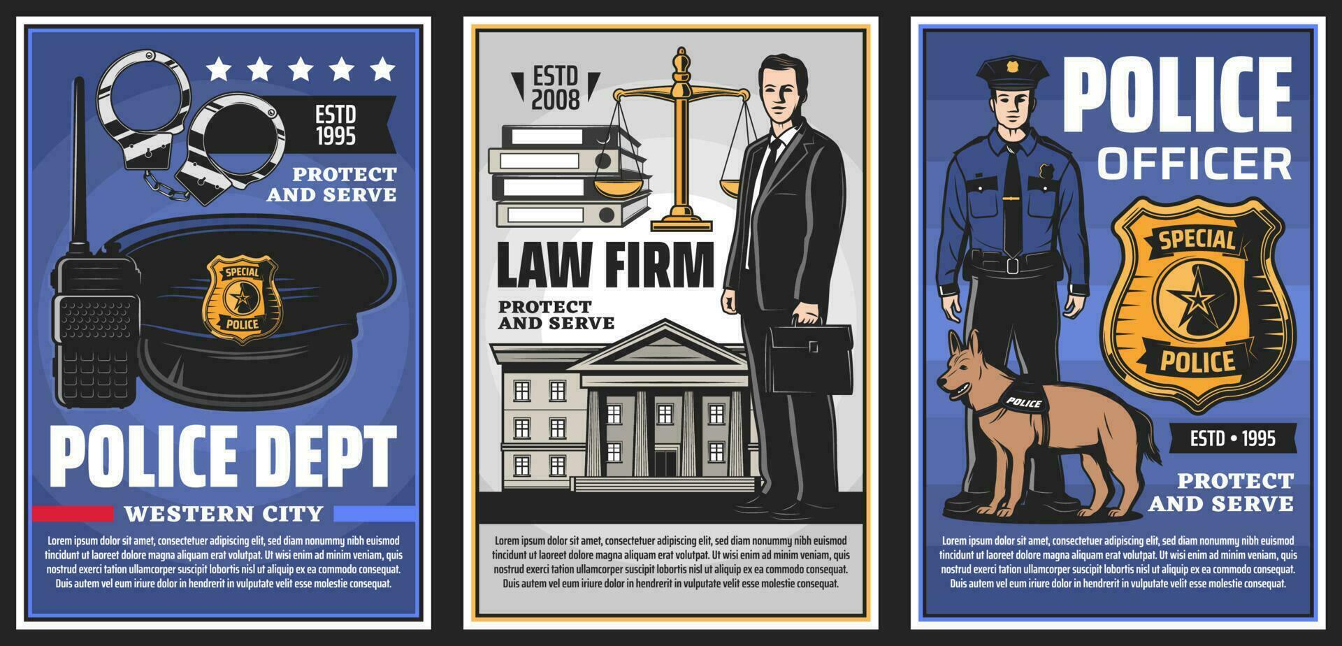 Police officer department, court lawyer firm vector