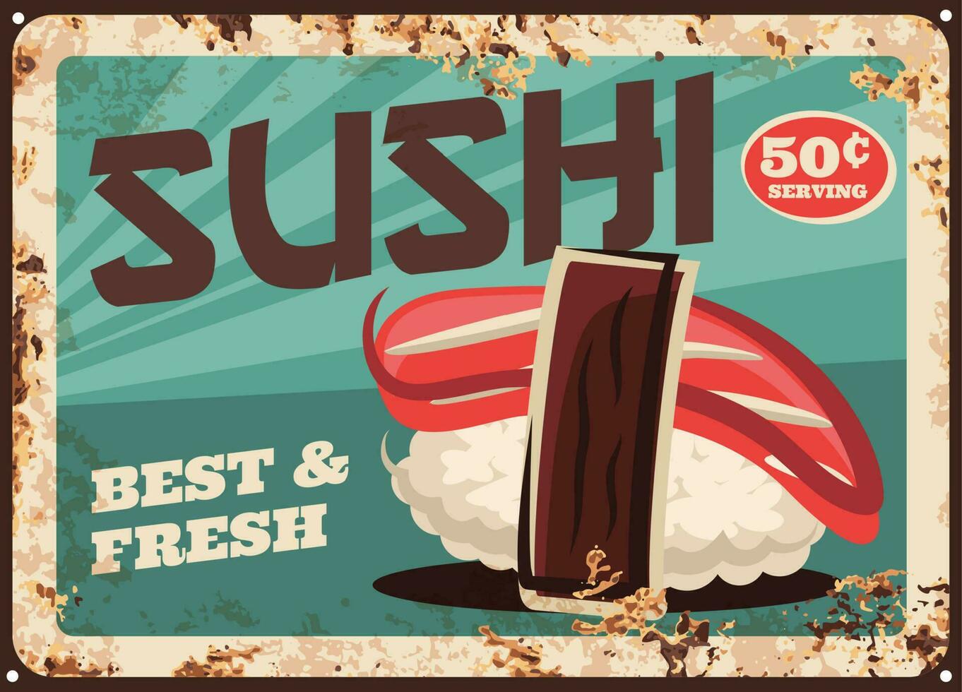 Retro poster, Japanese sushi bar menu, metal sign vector