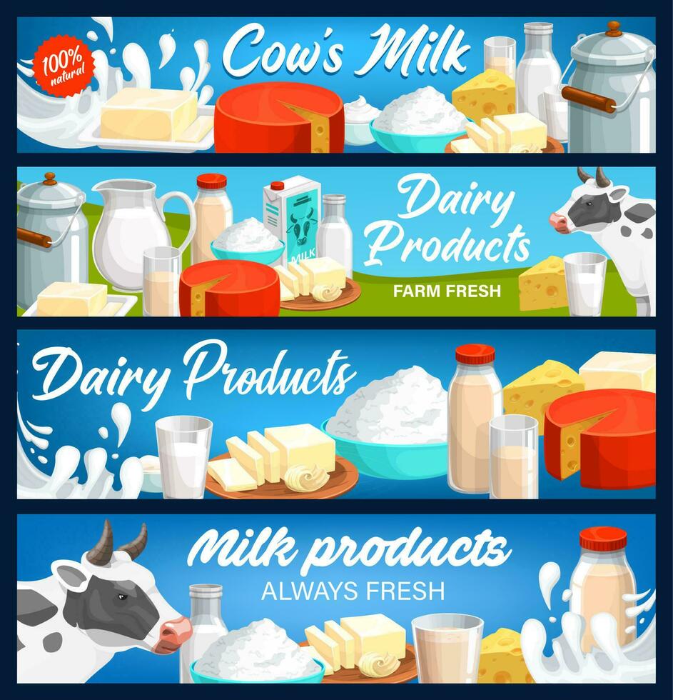 Dairy milk products banners, farm cheese, butter vector