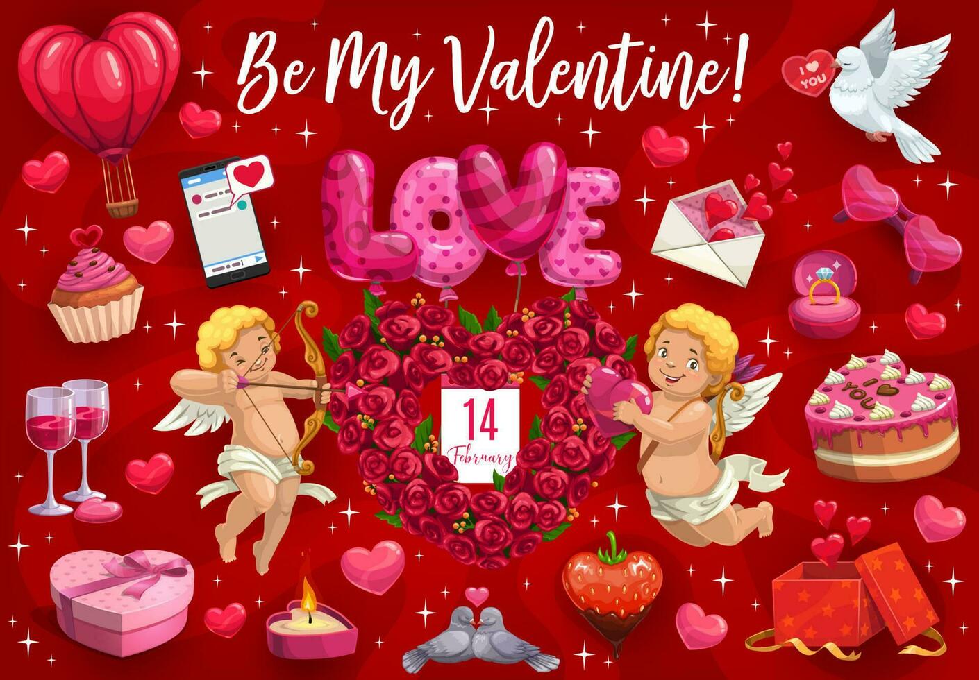Be My Valentine, cupid angels and hearts vector