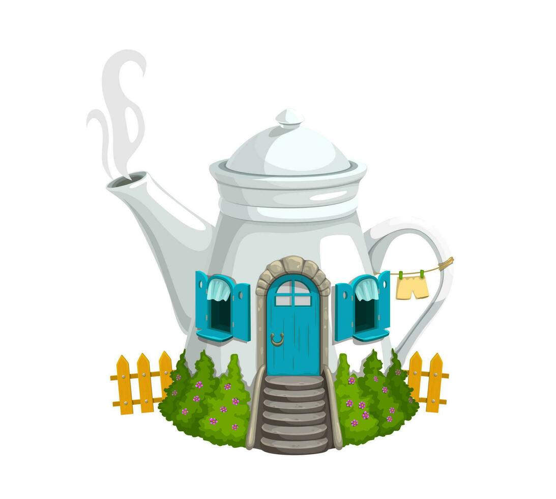 Cartoon white kettle or teapot gnome house vector