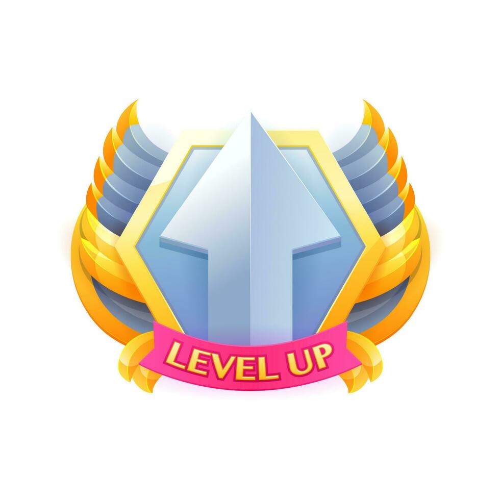 Game level up badge and win icon, reward award vector