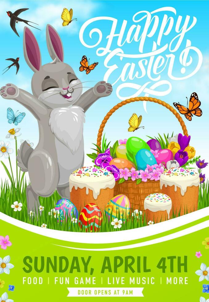 Easter egg hunt party flyer with bunny and basket vector