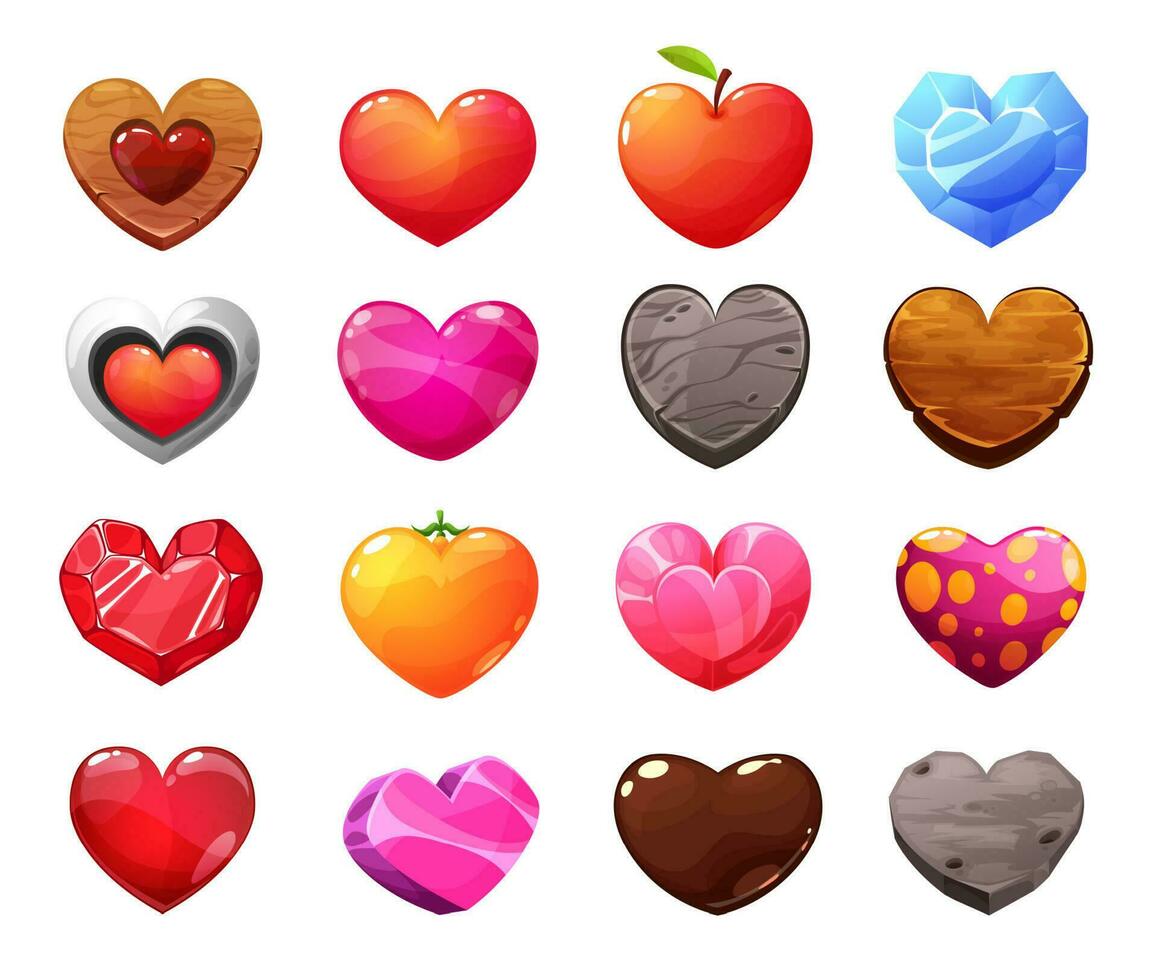 Different materials cartoon vector hearts icons