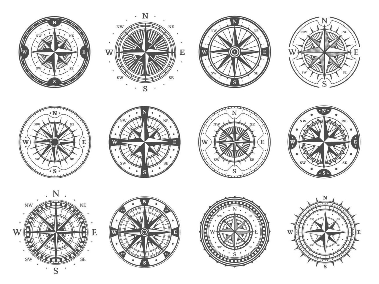 Old compass, wind rose arrows navigation vector