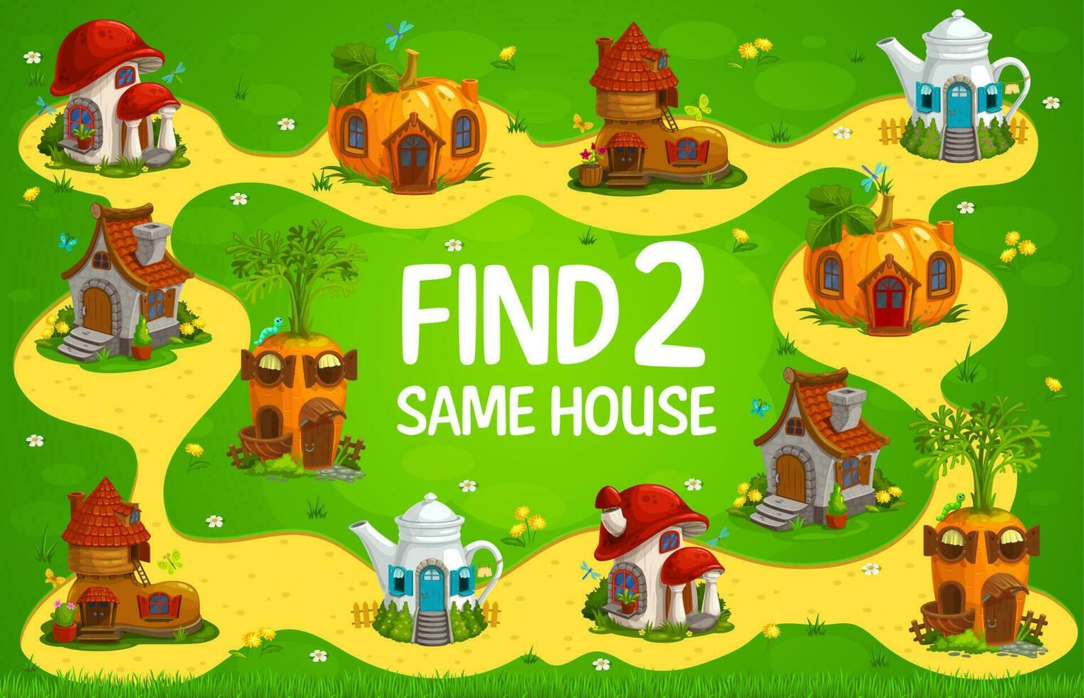 Find two same fairy houses kids game vector riddle