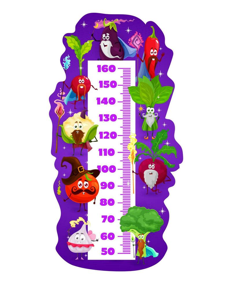 Kids height chart, magician and wizard veggies vector