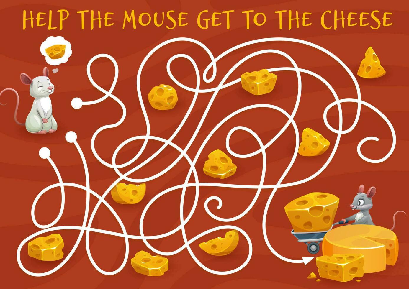 Labyrinth maze, cartoon mouse looking for cheese vector