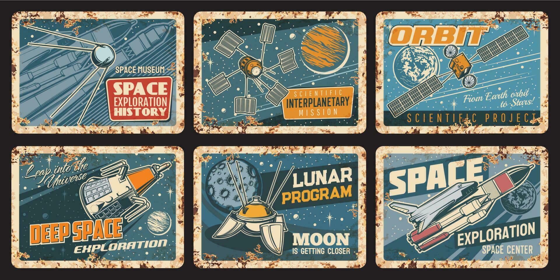 Spaceships and satellites rusty plates, tin signs vector