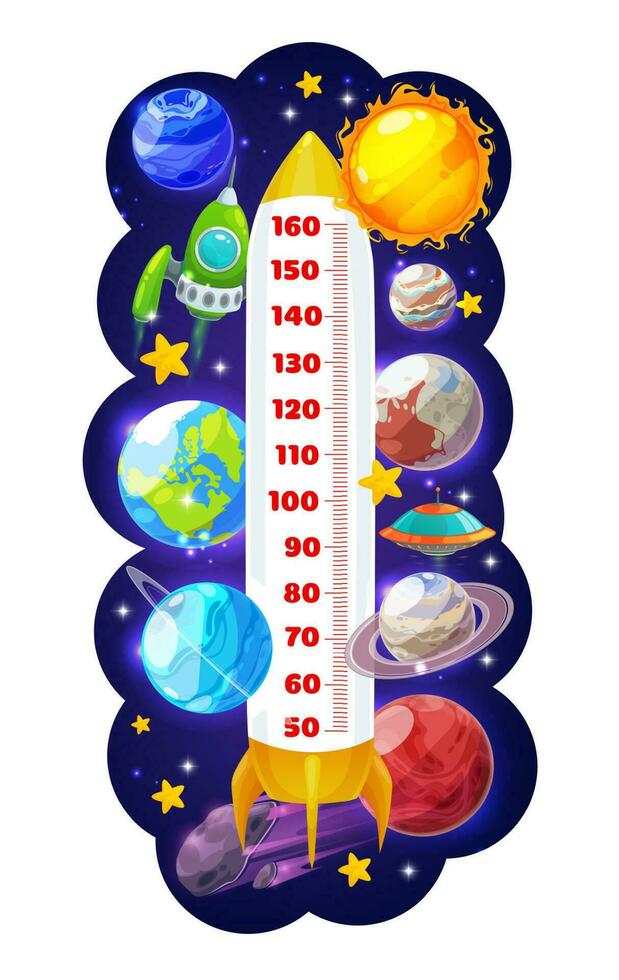 Kids height chart meter with space rocket, ships vector