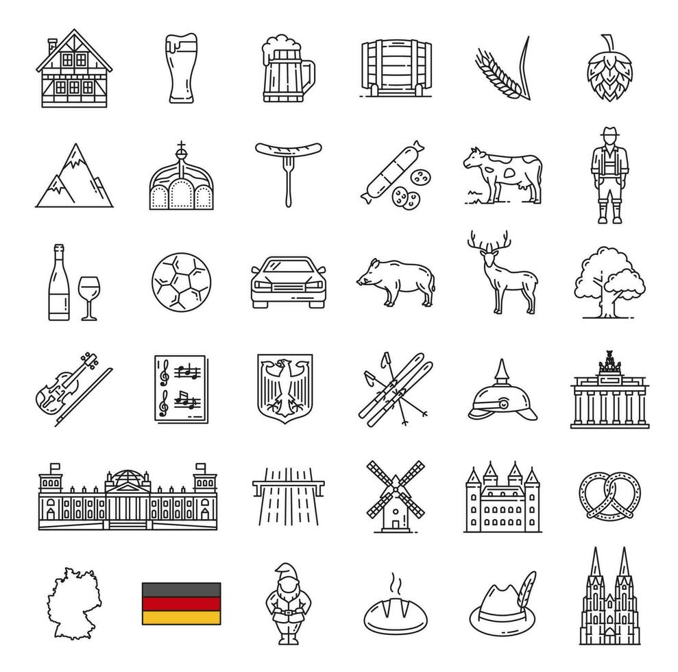 Alemania viaje puntos de referencia, alimento, industria íconos vector