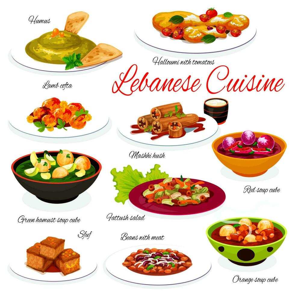 Lebanese vegetable and meat dishes. Arabic cuisine vector