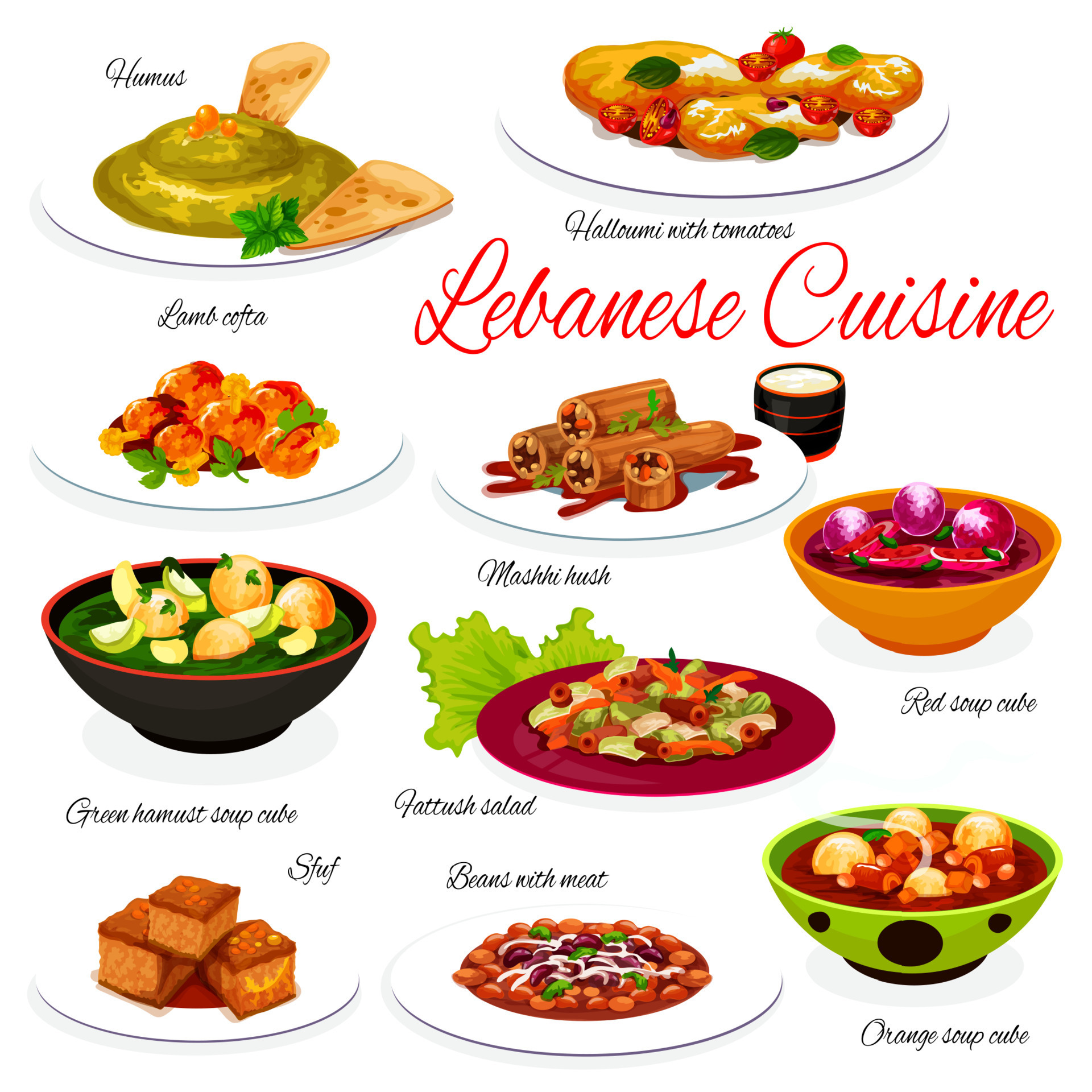 Lebanese vegetable and meat dishes. Arabic cuisine 23504169 Vector Art