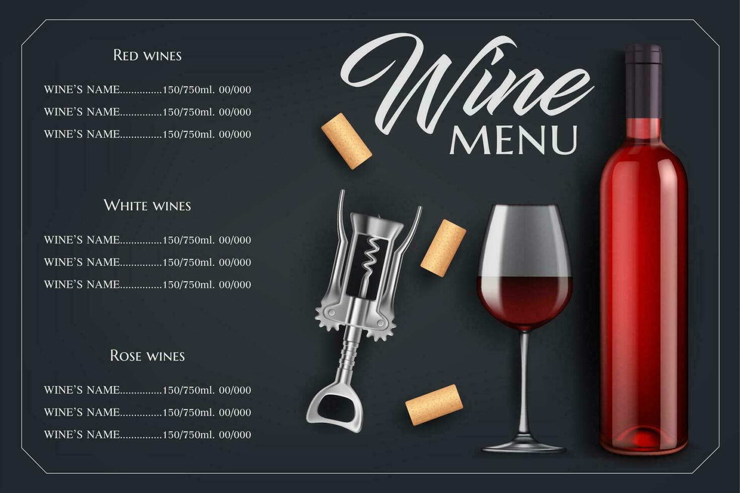 Wine menu list vector template with bottle, glass