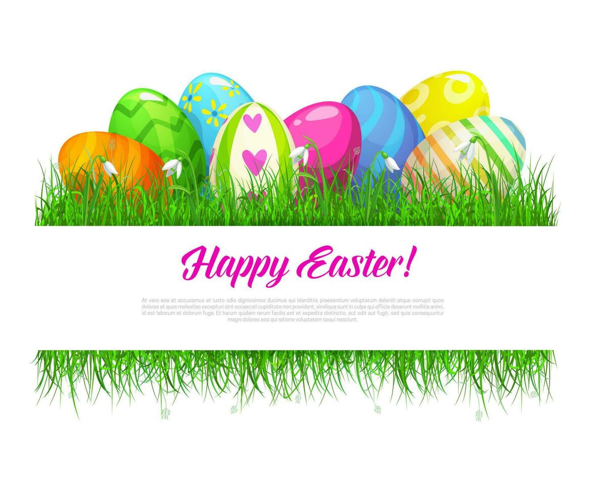 Easter grass frame with eggs and spring flowers. vector