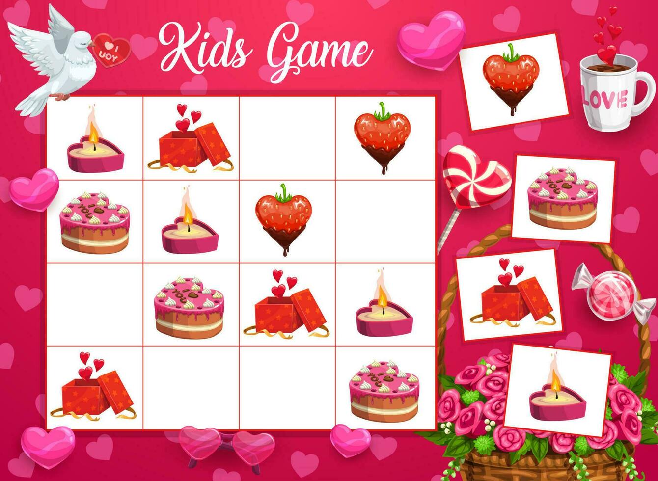 Kids logical game with Saint Valentine day symbols vector