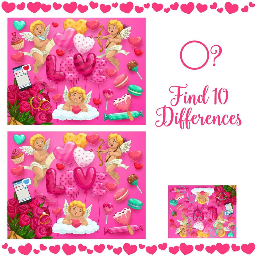 Saint Valentine day find ten differences puzzle vector