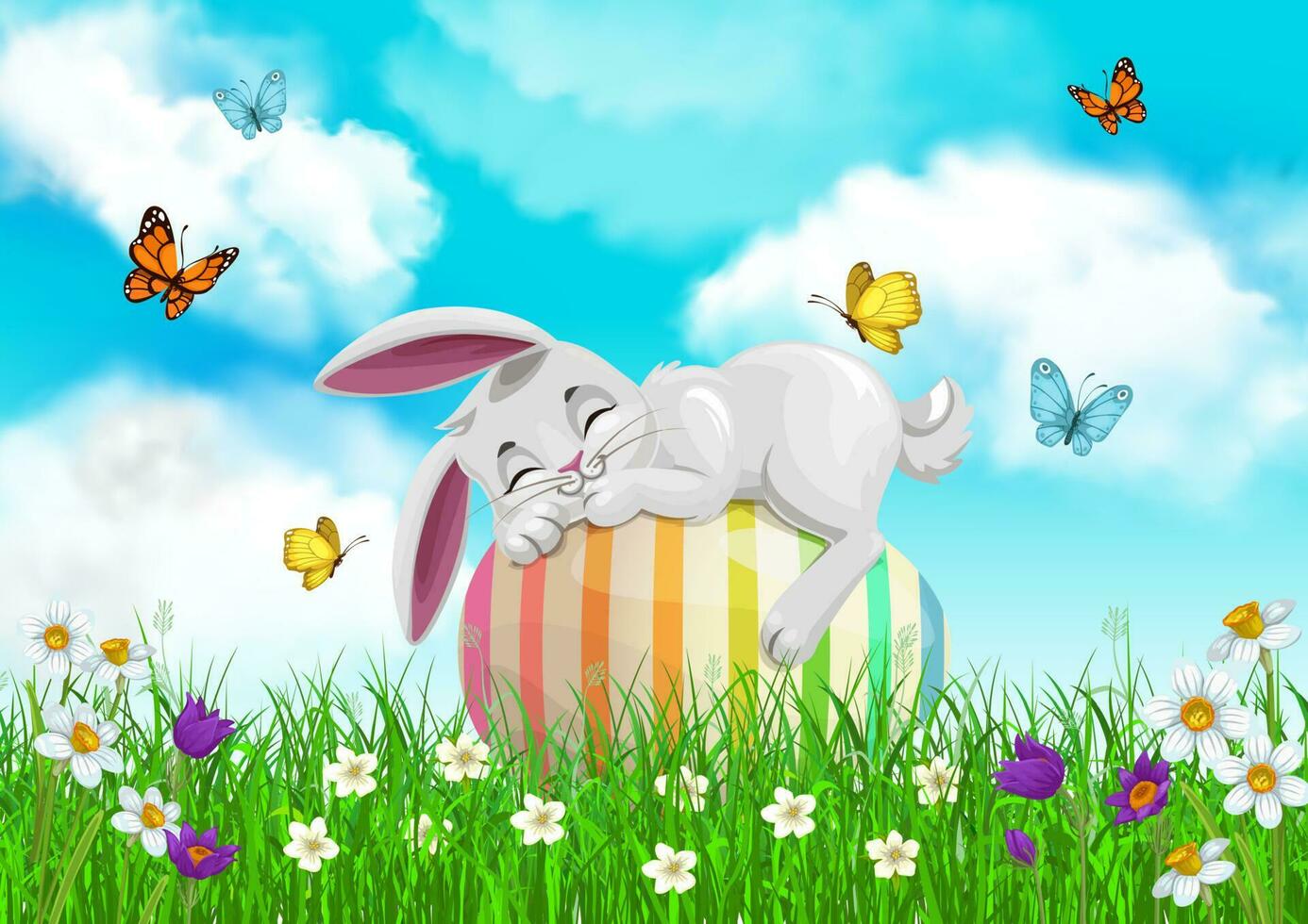 Easter bunny sleeping on egg, religion holiday vector