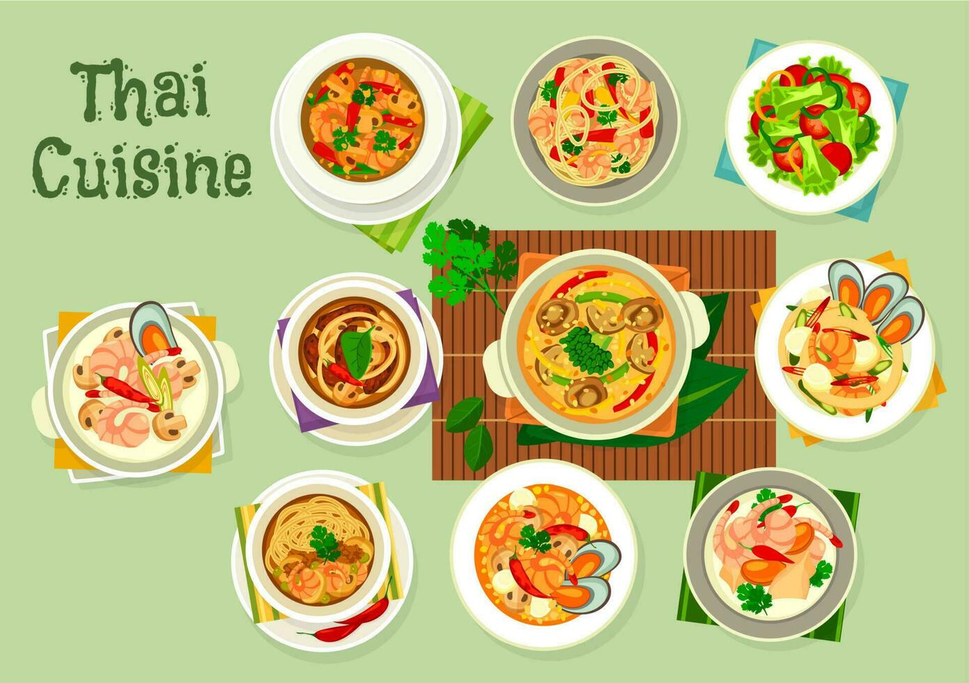 Thai cuisine seafood with vegetables, meat, noodle vector