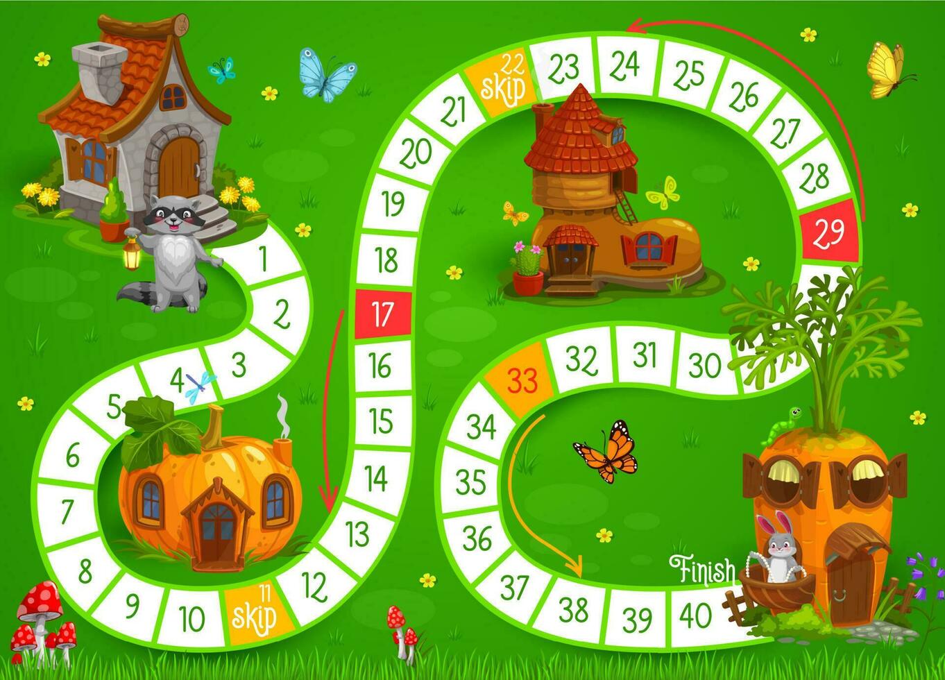 Cartoon animals and fairy houses, kids boardgame vector