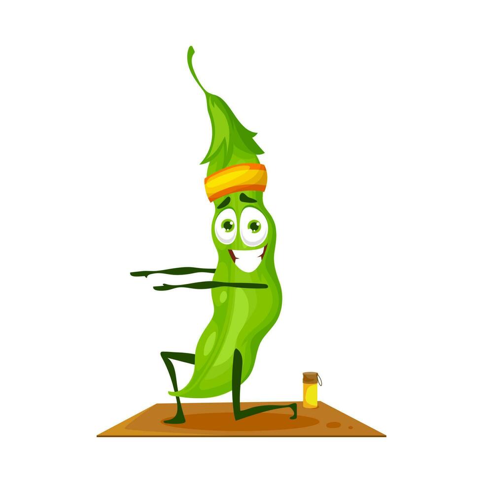 Green pea pod bean cartoon character fitness yoga vector