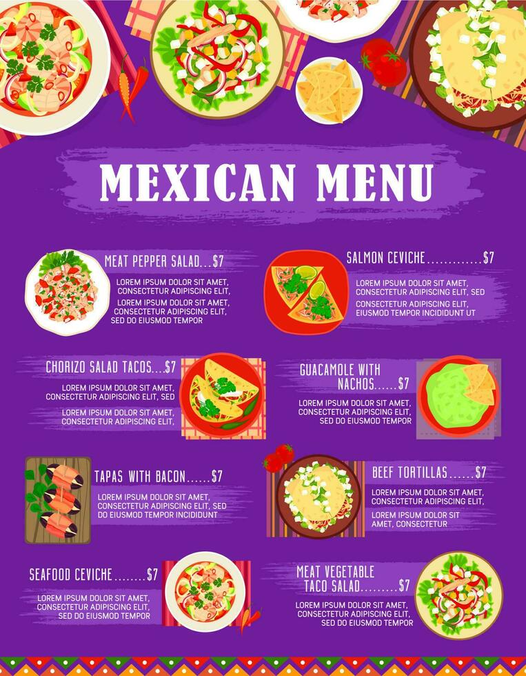 Mexican cuisine meals and dishes menu vector page