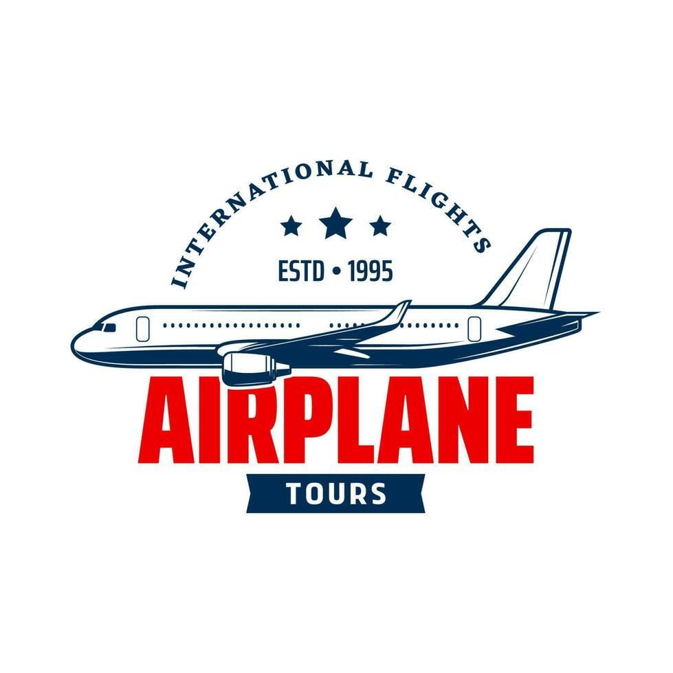 Airplane tours, airline travel retro vector icon